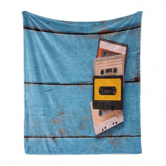 Indie Soft Flannel Fleece Throw Blanket, Vintage Cassette Tapes on Aqua Wooden Table Close up Photo Retro Music Old School, Cozy Plush for Indoor and Outdoor Use, 50" x 70", Multicolor, by Ambesonne