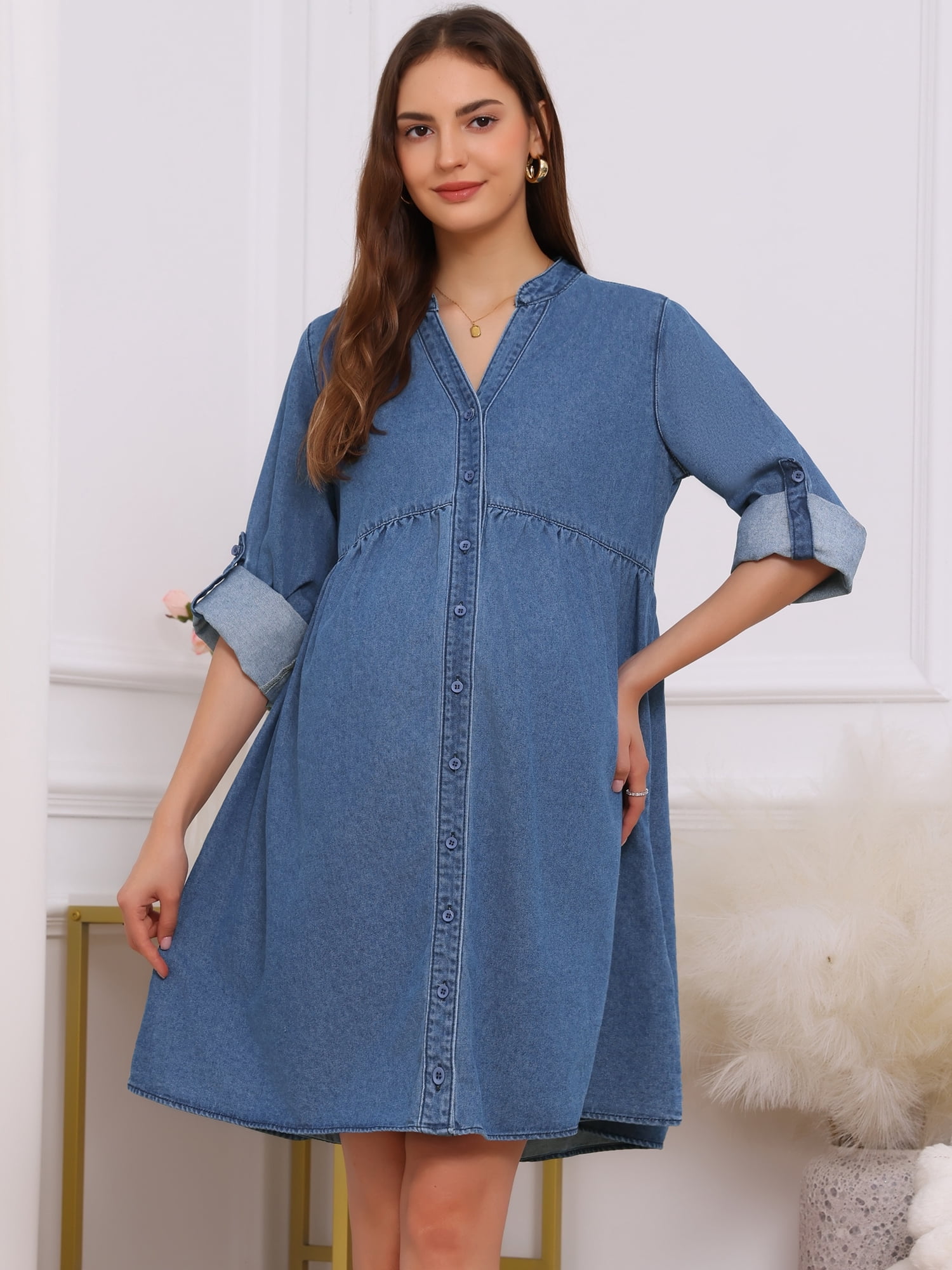 DARING DIVA Women's Maternity Denim Dress Long Sleeve Babydoll Nursing Dress M Blue