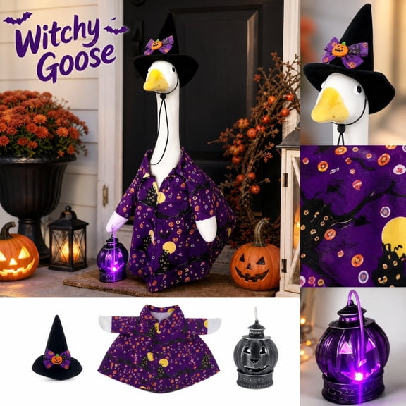 Halloween Outdoor Decorations, 23X9 Inch Porch Goose Halloween Witch Set, Purple Halloween Decor with Haunted House Bat Print, Halloween Porch Decor with Mini Purple Led Pumpkin