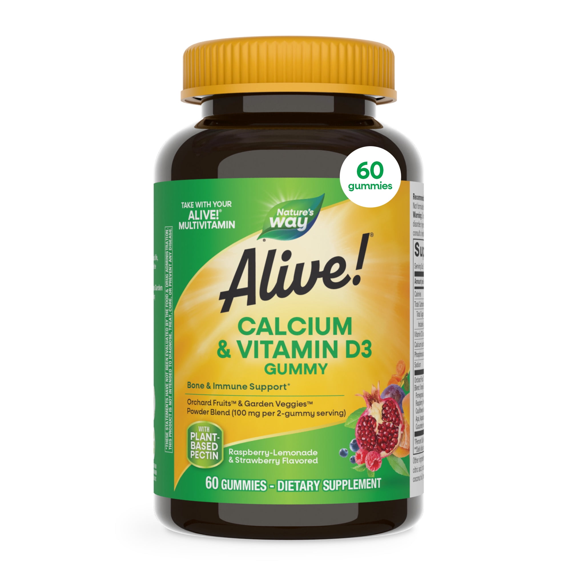 (2 pack) Nature's Way Alive! Calcium & Vitamin D3 Gummies, Strawberry & Raspberry-Lemonade Flavored, 60 Count