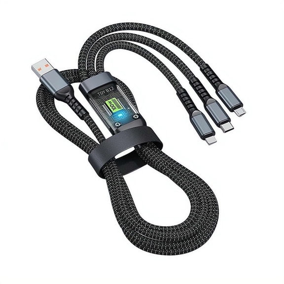 Multi Port Fast Charge Cord - 1.2m 3-in-1 Charging Cable with Digital Display - Type-C Data Line for iPhone and Android,