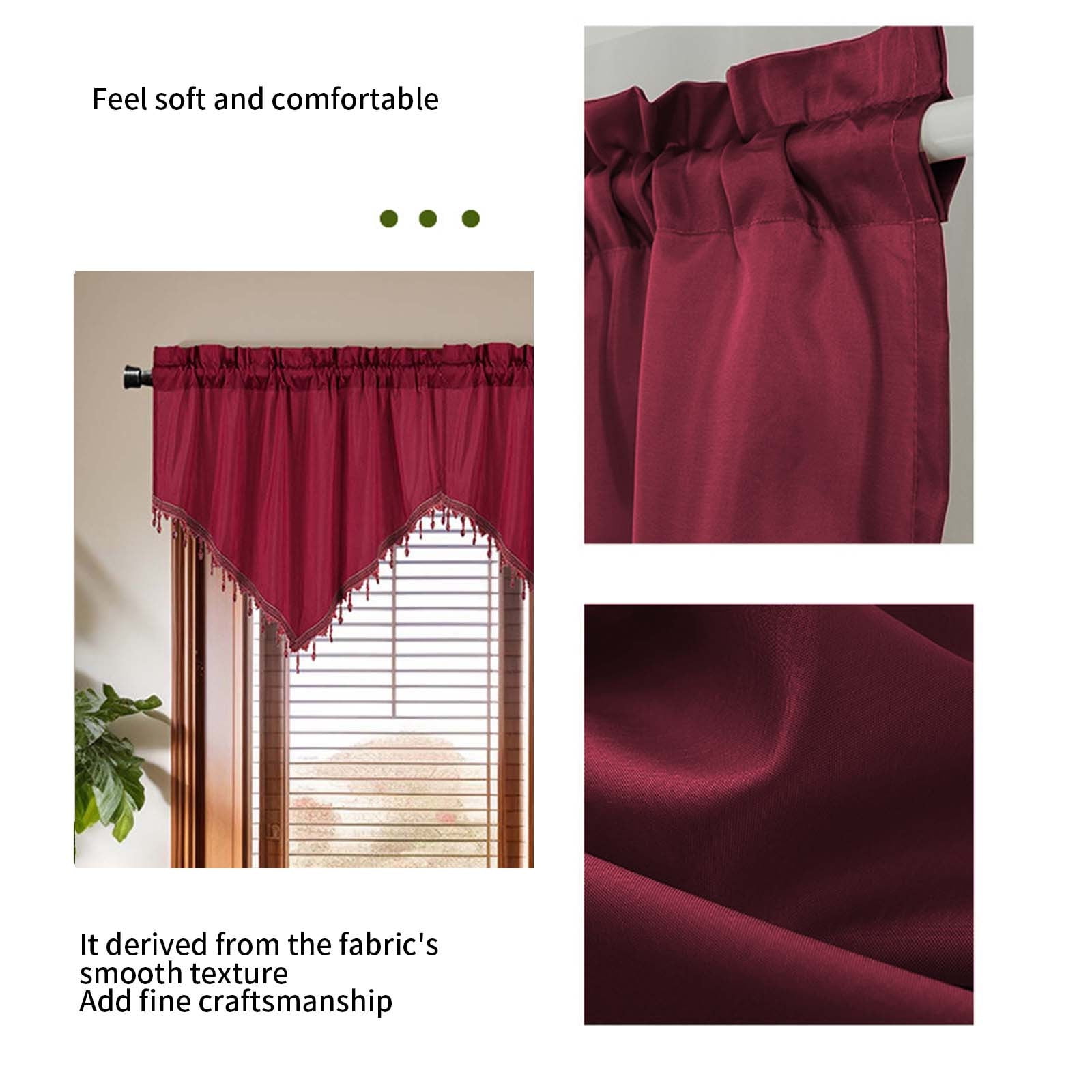 Beaded Triangle Sheer Valance Curtains for Living Room, Rod Pocket Farm Window Valance, Bead Trim Tassel Voile Sheer Curtain Valance for Bedroom Bathroom Cafe