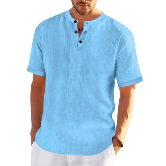 CQONEPT Men's Henley Shirts Short Sleeve Shirts for Men Casual Mens Summer Loose Beach Breathable Shirt Light Blue 2XL