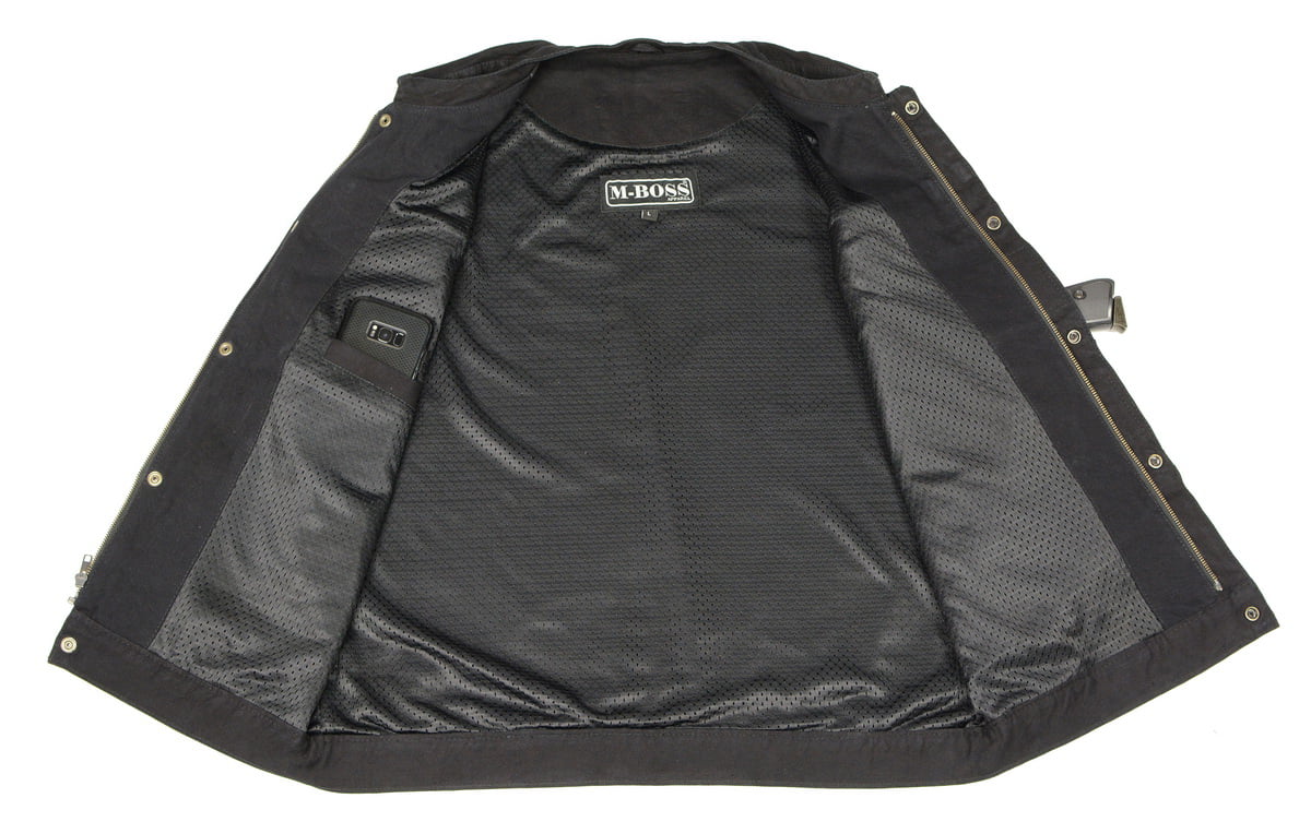 M-Boss Motorcycle Apparel-BOS13000-BLACK-Mens Denim Club Style Vest w/Hidden Zipper-BLACK-LG