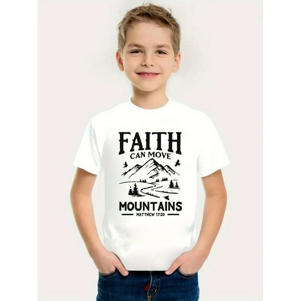 Faith Can Move Mountains Boys' Cotton T-Shirt - Black Casual Summer Tee with Inspirational Mountain & Lighthouse Design, Soft & Breathable Fabric, Round Neck, Perfect for Youngsters, Inspirational Cl