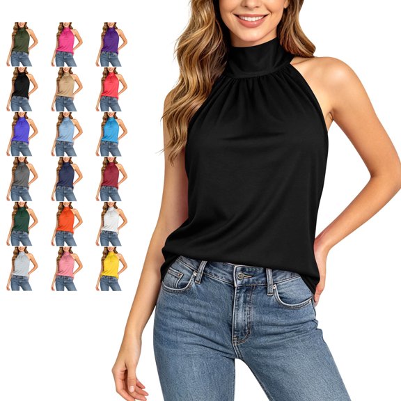 TGSLY Halter Neck Tank Tops for Women Lightweight Soft Back Bow Tie Solid Color Knit Vest Dressy Casual Gathered Neckline Sleeveless Shirts L