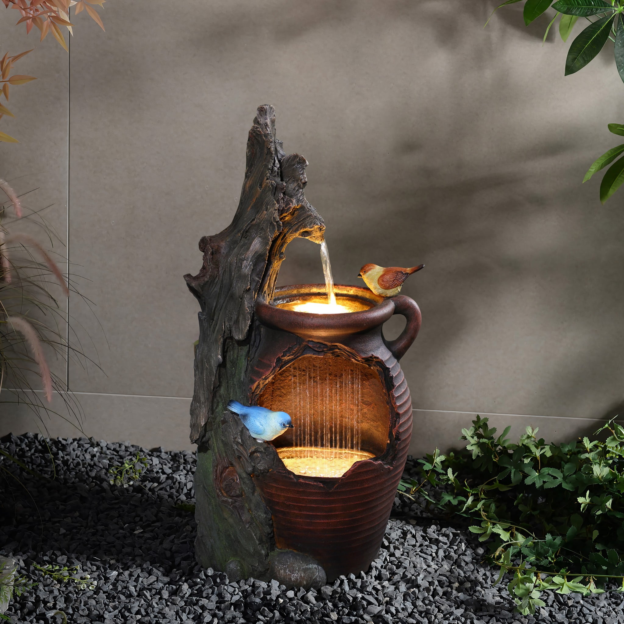 LuxenHome Rain Barrel with Tree and Birds 2.5-Feet Tall Outdoor Polyresin Fountains with Light