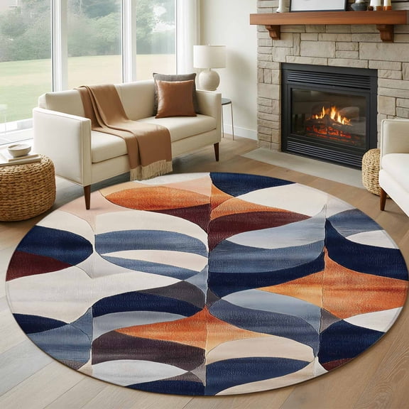 Navy Blue Burnt Orange Round Rug 5ft Washable Circle Kitchen Rugs Non Slip Retro Geometric Abstract Large Area Rug Indoor Floor Carpet for Bedroom Living Room Home Office Dining Room Nursery