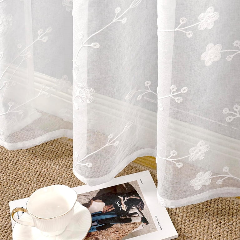 YoungsTex Semi Sheer Curtains - 2 Panels, 42x36 Inches, White Lace Embroidered, Rod Pocket, Light Filtering