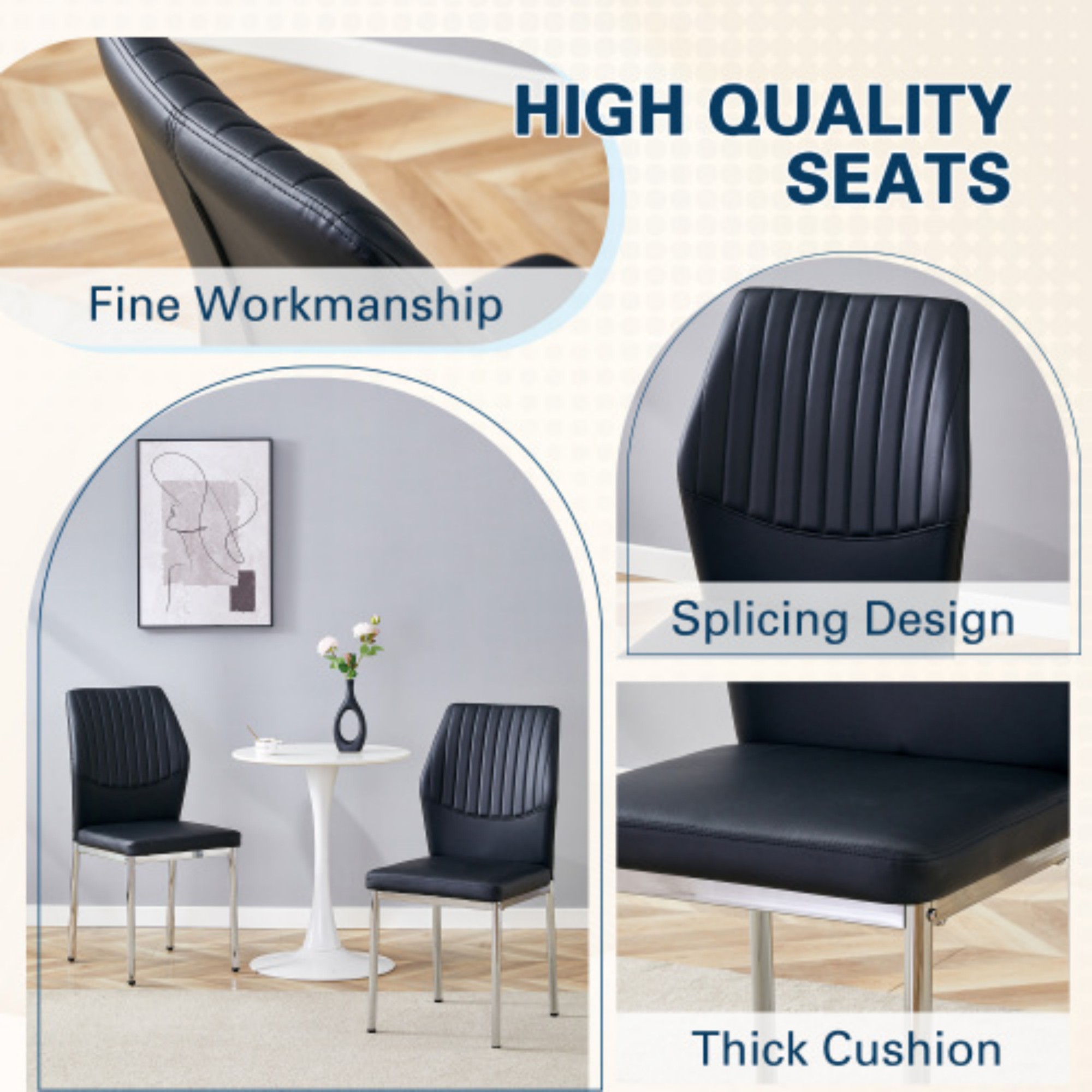 SUDICA Modern PU Leather Dining Chairs Set of 4, Ergonomic High Back Kitchen Chairs with Silver Metal Legs, Comfortable Padded Seat, Easy to Clean, Black