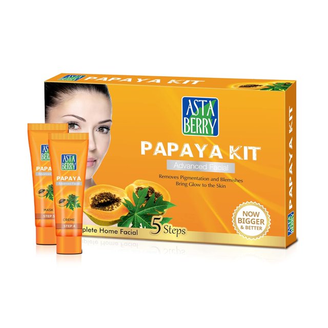 Astaberry Papaya Mini Facial Kit, 5 Step for Skin Brightening. The kit features a vibrant orange box with papaya graphics and branding, accompanied by two product tubes for facial steps. Ideal for reducing pigmentation and blemishes while promoting radiant skin.