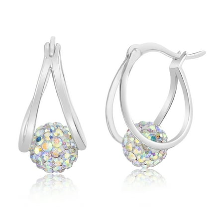- Lesa Michele Women's Aurore Boreale Crystal Floating Ball Double Layer 20X15MM Hoop Earrings in Rhodium Plated Brass
