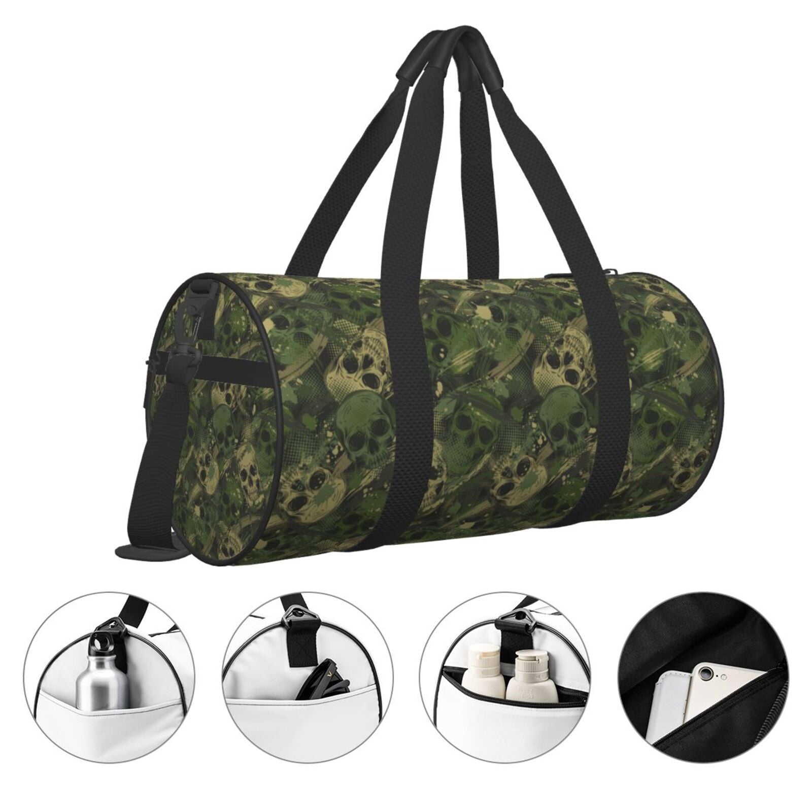 Vsdgher Green Camouflage Skull 45L Foldable Duffel Bag, Sports Gym Bag,Overnight Bag, Portable Weekender Bag for Airplanes