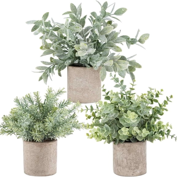 3 Pack Mini Artificial Potted Eucalyptus, Fake Plastic Plants for Home Desk Office Bathroom Farmhouse Decor