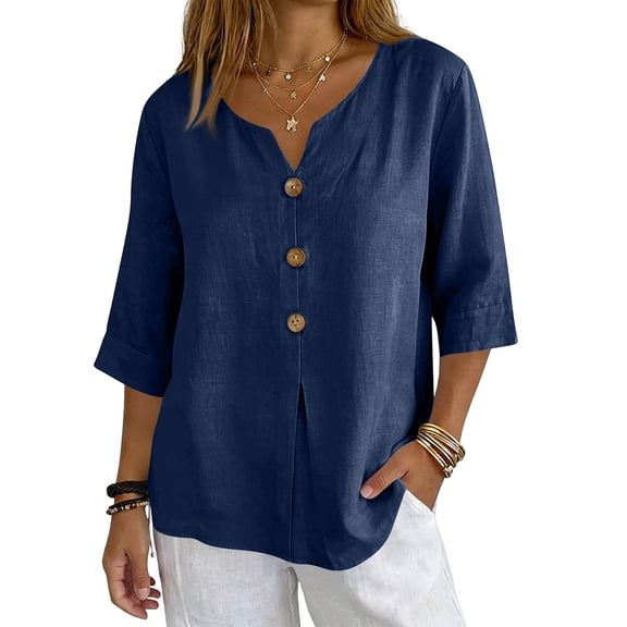 Nestiefly 3/4 Length Sleeve Womens Tops Cotton Linen V Neck T-Shirts Summer Casual Solid Three Quarter Sleeve Tops Navy 2XL