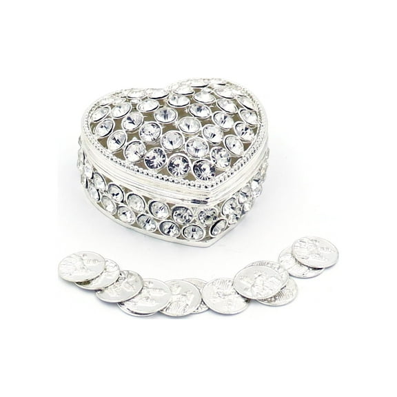 JOICE GIFT Silver Heart Shaped Wedding Arras with Decorative Rhinestone Crystal and Coins Set