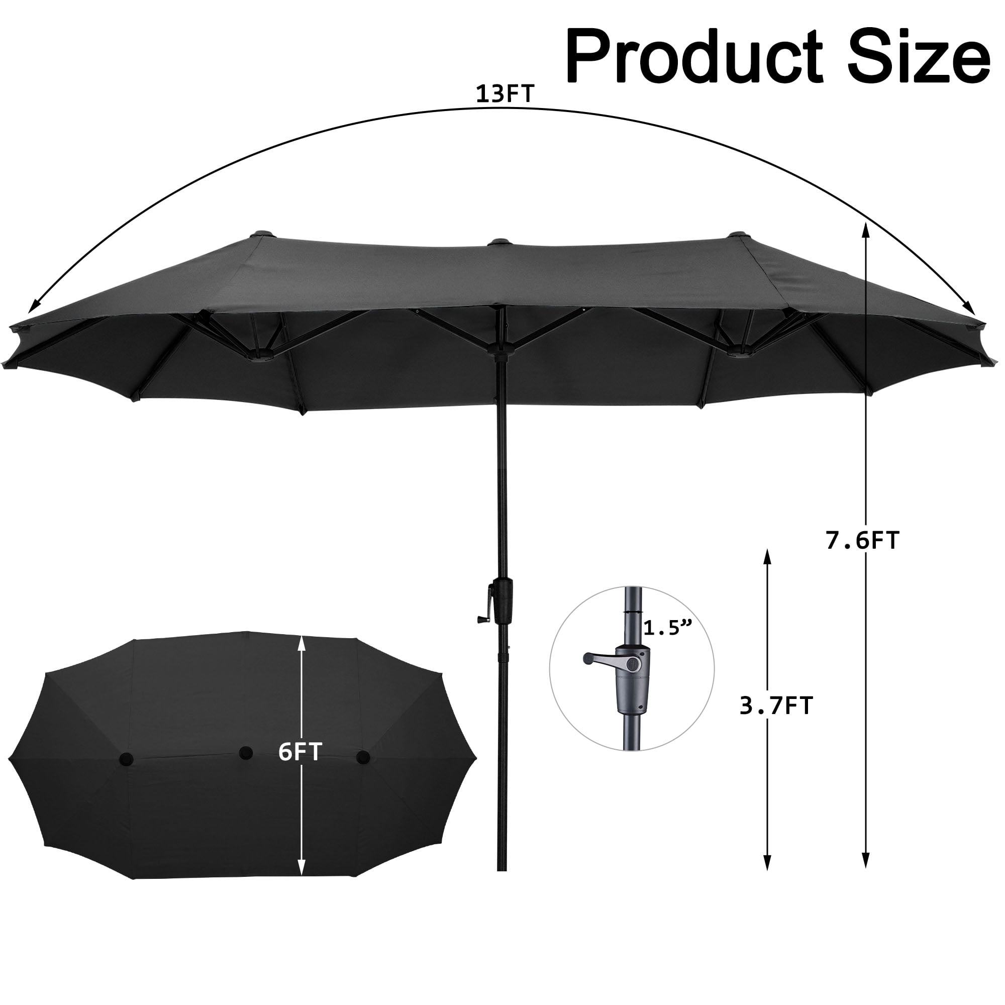 Autlaycil 13ft Rectangle Patio Umbrella with Crank System, Sturdy Ribs for Pool, Yard, Market - Black
