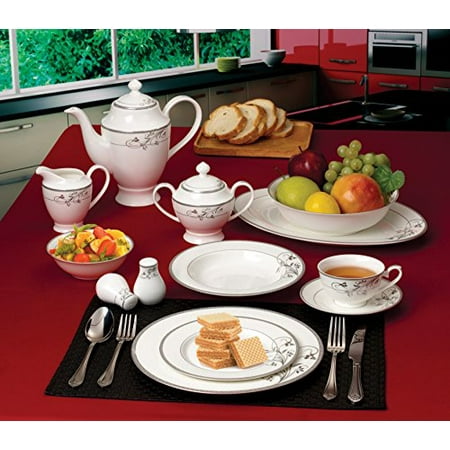 Florentine Bone China - Lorenzo 57 Piece Elegant Bone China Service for 8 Viola Dinnerware Sets, Silver