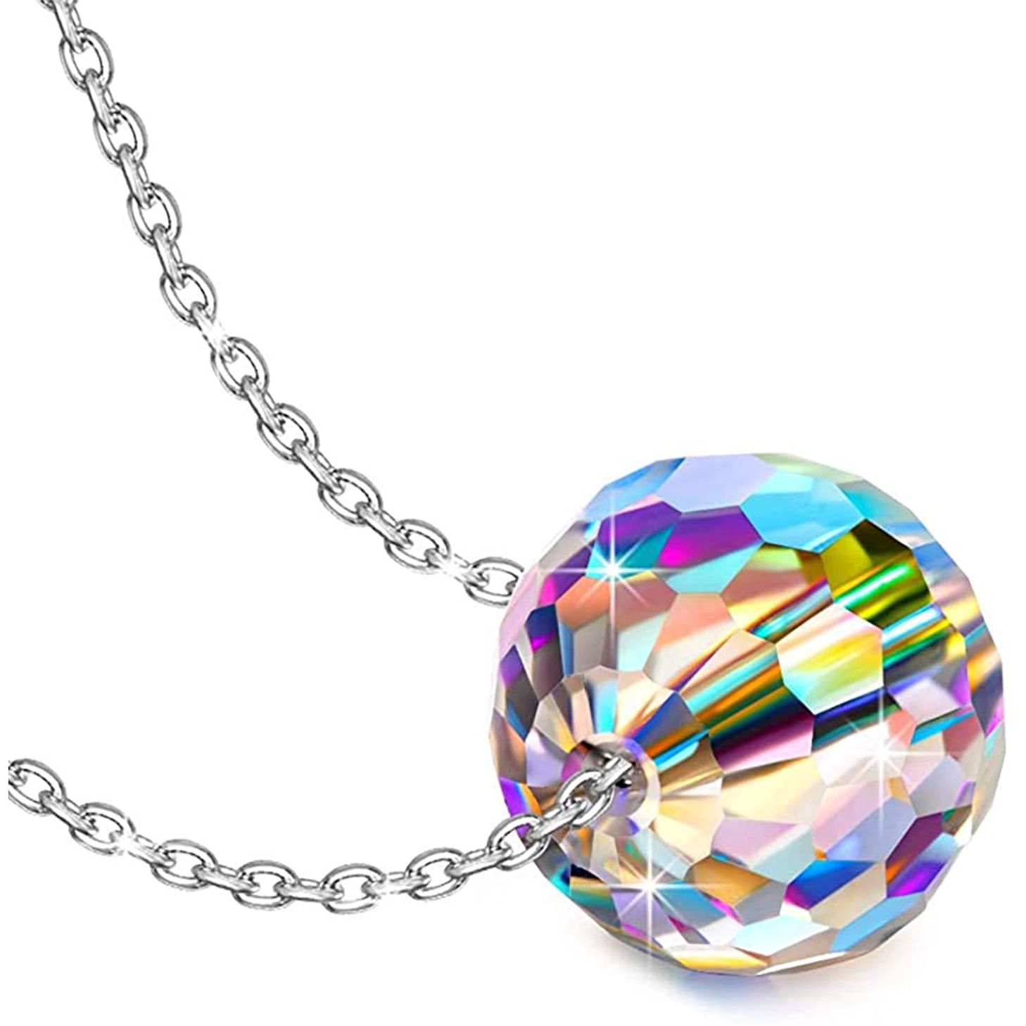 Savlano 14K White Gold Plated Aurora Borealis Round Disco Ball Pendant