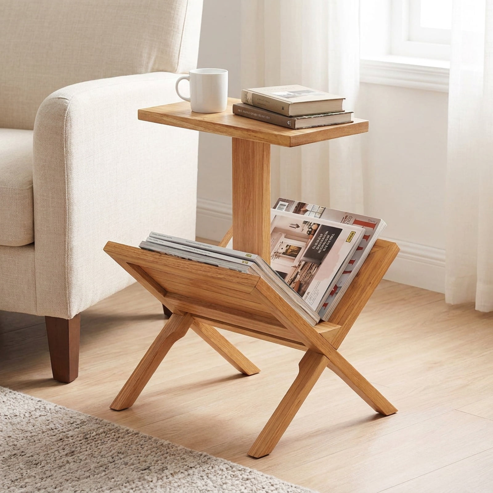 Furnibear 2 Tier Side Table with Magazine Rack and Solid Teak Wood Frame for Living Room Bedroom and Home Office Reading Nook, Natural