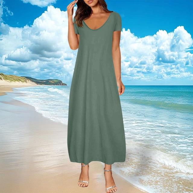 Liquidation d'Été 2025! Liquidation de Robes d'Été pour Femmes, Robe Unie à Poches pour Femmes, Aguichant, Col Rond, Manches Courtes, Robes Maxi, Robe Décontractée Confortable pour Toutes les Occasions