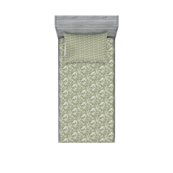 Ambesonne Tropical Fitted Sheet & Pillow Sham Set, Palm Leaves Digital Art, Twinxl, Sage Green and White