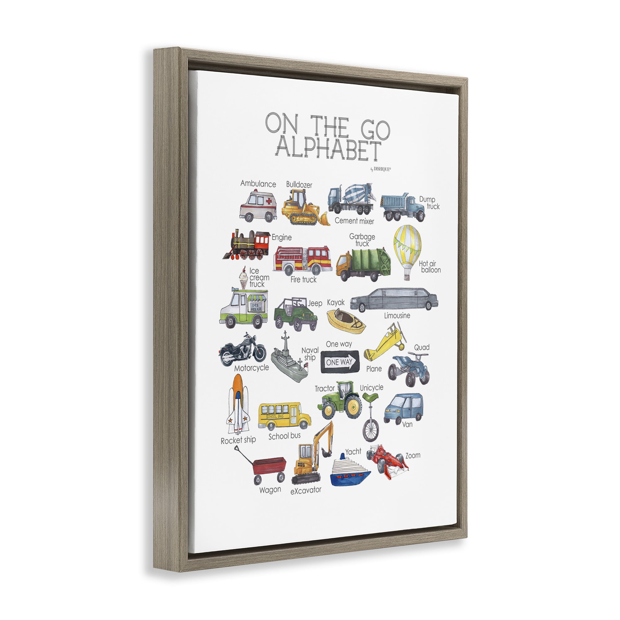 Stupell Industries On The Go Transportation Alphabet Art for Kids Painting Brown Floater Framed Canvas Art Print Wall Art, 17 x 21
