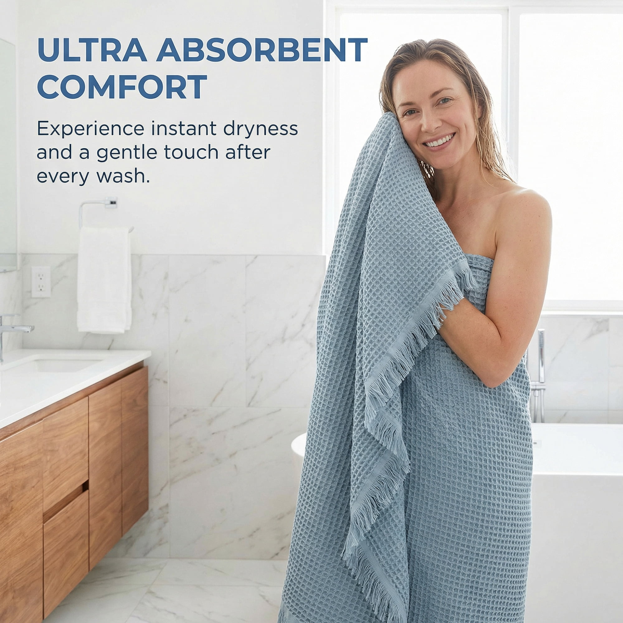 Unique Bargains Soft Absorbent Cotton Waffle Bath Towel Blue/Pink 71"x35"