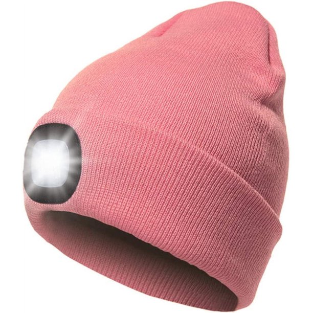 Gorro de punto con luz LED y linterna frontal, unisex, con 4 luces LED, ideal para el invierno (rosa)
