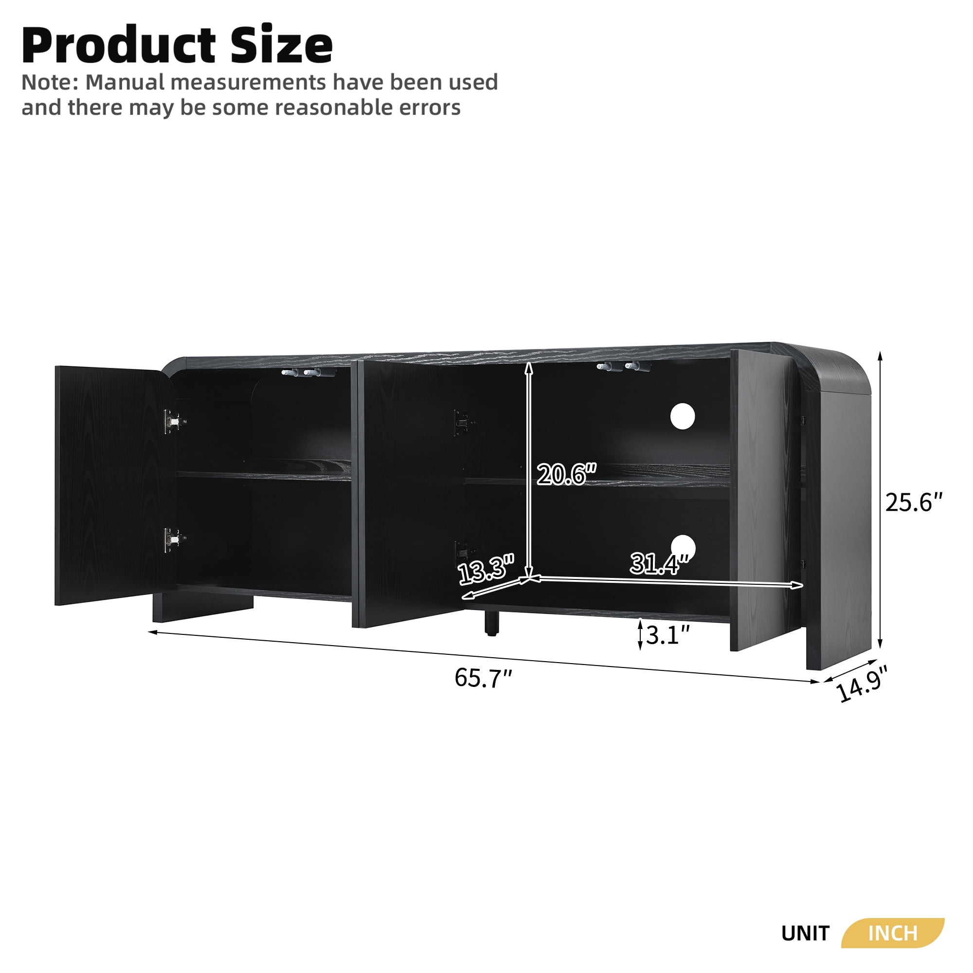 Leumius Farmhouse Curved Edge TV Stand with Large Cabinets for TVs up to 70", Minimalist Wood Grain Media Console with Cable Management and Adjustable Shelves for Living Room, Black