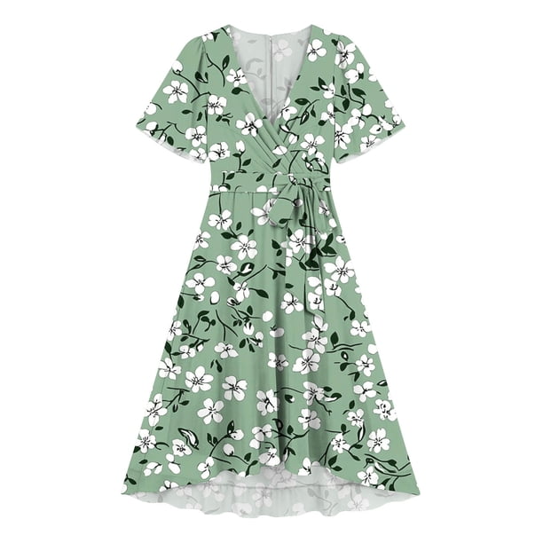 VBVC Women's Floral Wrap V-Neck Midi Dress,Ladies Short Sleeve High Low Hem A-Line Dress,Casual Flowy Summer Swing Dress For Women,Army Green,S-3XL