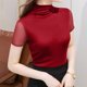 thumbnail image 5 of Tejiojio Women's Sheer Mesh Top Solid Mock Neck Short Sleeve Fitted Elegant Casual Blouse, 5 of 5