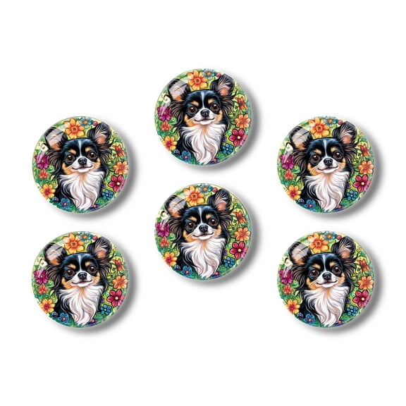 Glass Refrigerator Magnet 6Pcs Magnetic Fridge Sticker,Decor for Kitchen,Whiteboard,Cabinet,Black And White Long-Haired Chihuahua