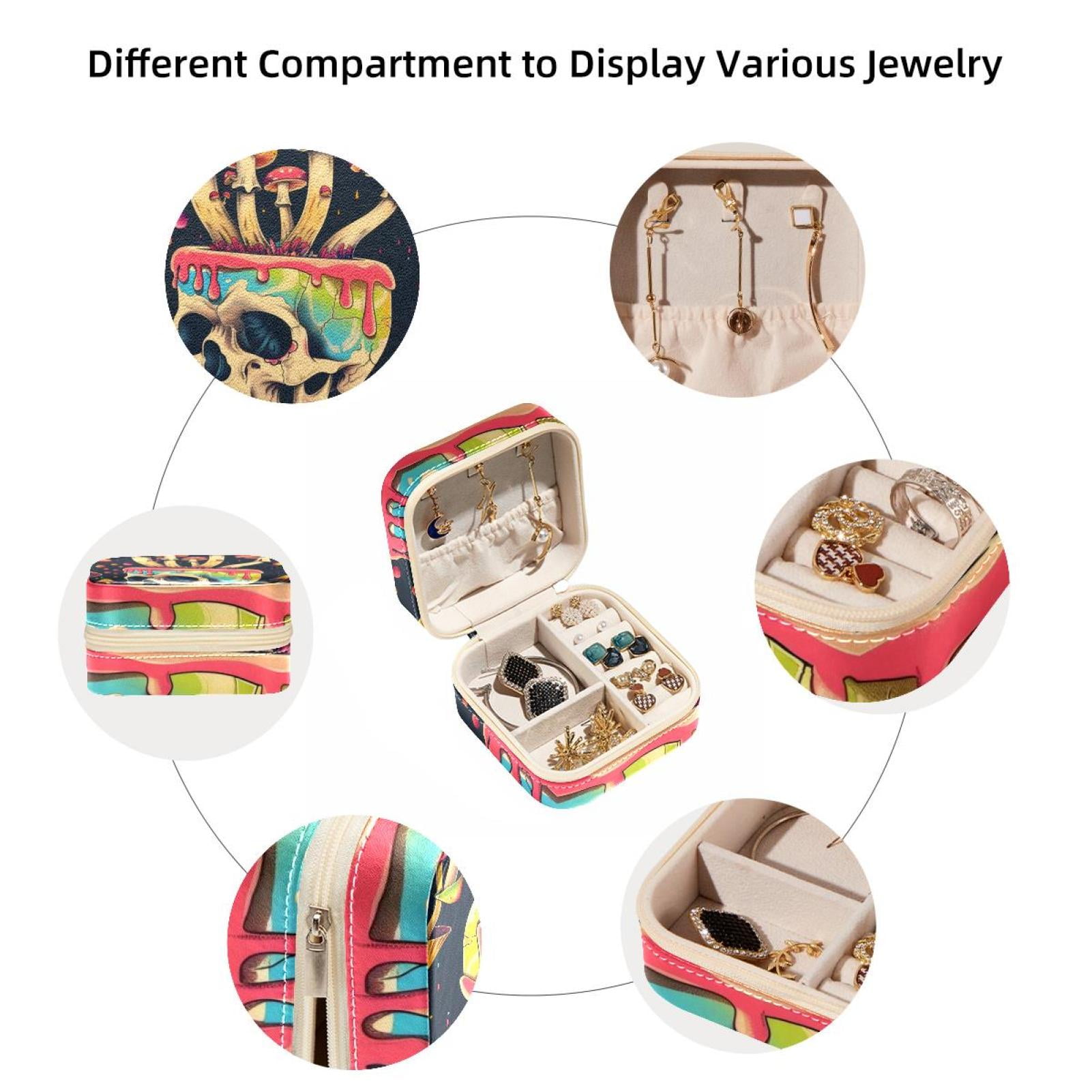 PhooArto Small Jewellery Box, Mystical Skull Mushrooms Portable Travel Mini Jewelry Case for Women Leather Ring Organizer