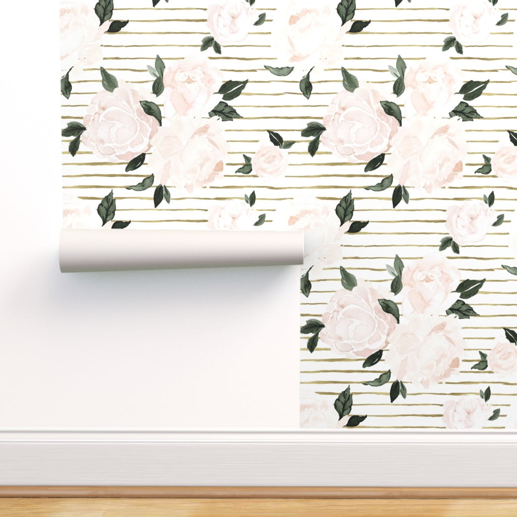 Peel & Stick Wallpaper 3ft x 2ft Vintage Blush Floral Gold Stripe