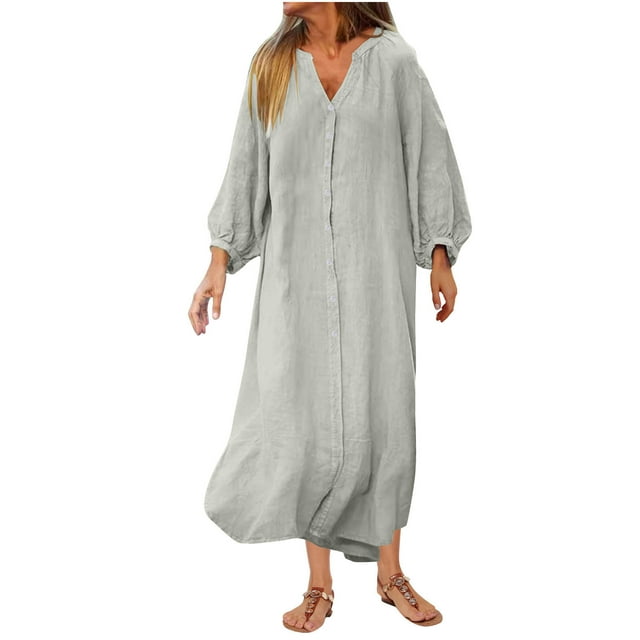 Robes Caftans Décontractées pour Femmes Grande Taille en Coton et Lin à Boutons, Robes Amples à Manches Longues Décontractées Gris, P
