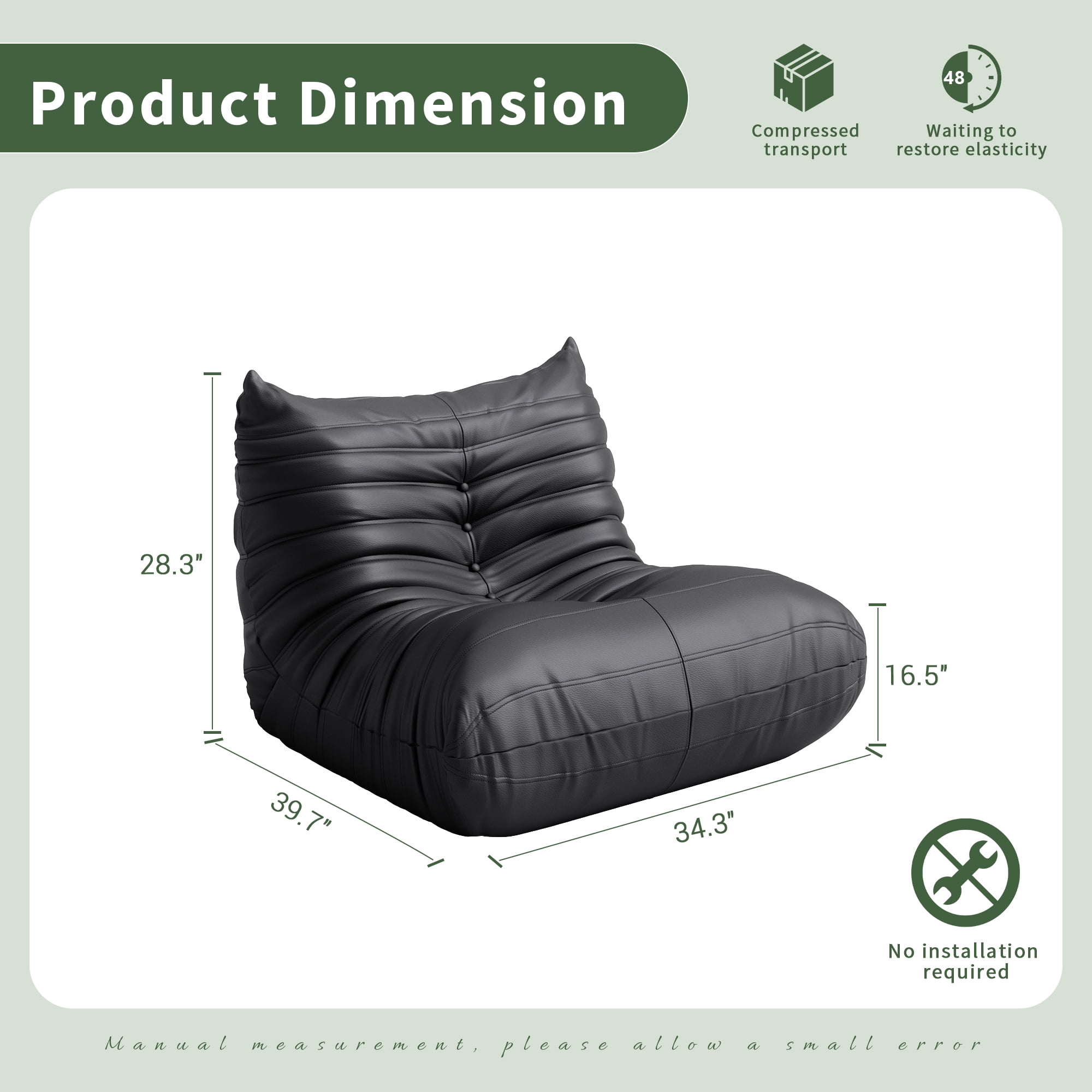Gtilzria Lazy Sofa, Bean Bag Chair for Adults Floor Couch with Faux Leather Lounge for Living Room, Bedroom, Black