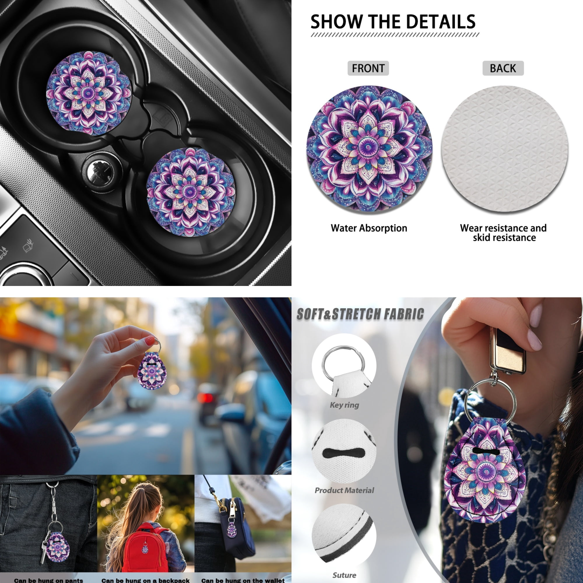 Jeiento Boho Mandala Flower Car Seat Accessories Set 13 Pcs, Car Seat Covers Full Set, Universal Steering Wheel Covers, Console Cover, Seat Belt Shoulder Pads, Cup Coasters, Purple Auto Decor