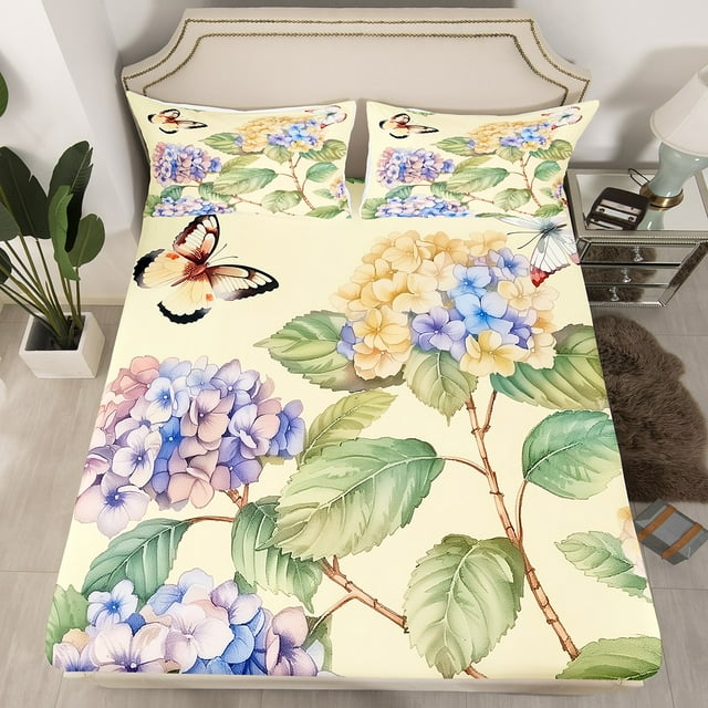 Spring Floral Bed Sheets For Girls Rustic Hydrangea Flower Queen Fitted Sheet,Kawaii Wild Butterfly Bed Set Beige Bedding Green Leaves Bed Cover Floral Home Decor,Cozy 3pcs