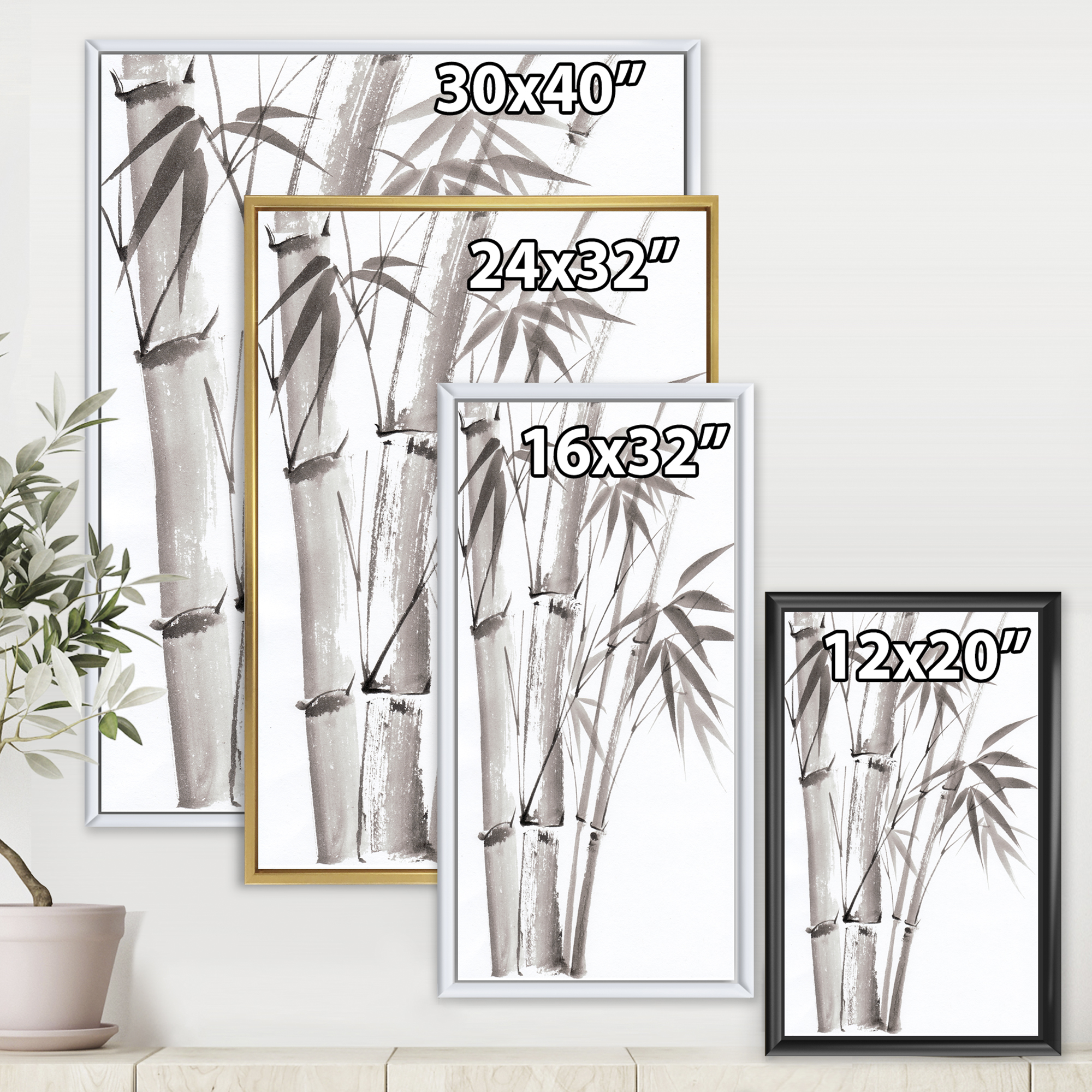 Palm Bamboo Detail On White III 24 in x 32 in Framed Painting Canvas Art Print, by Designart