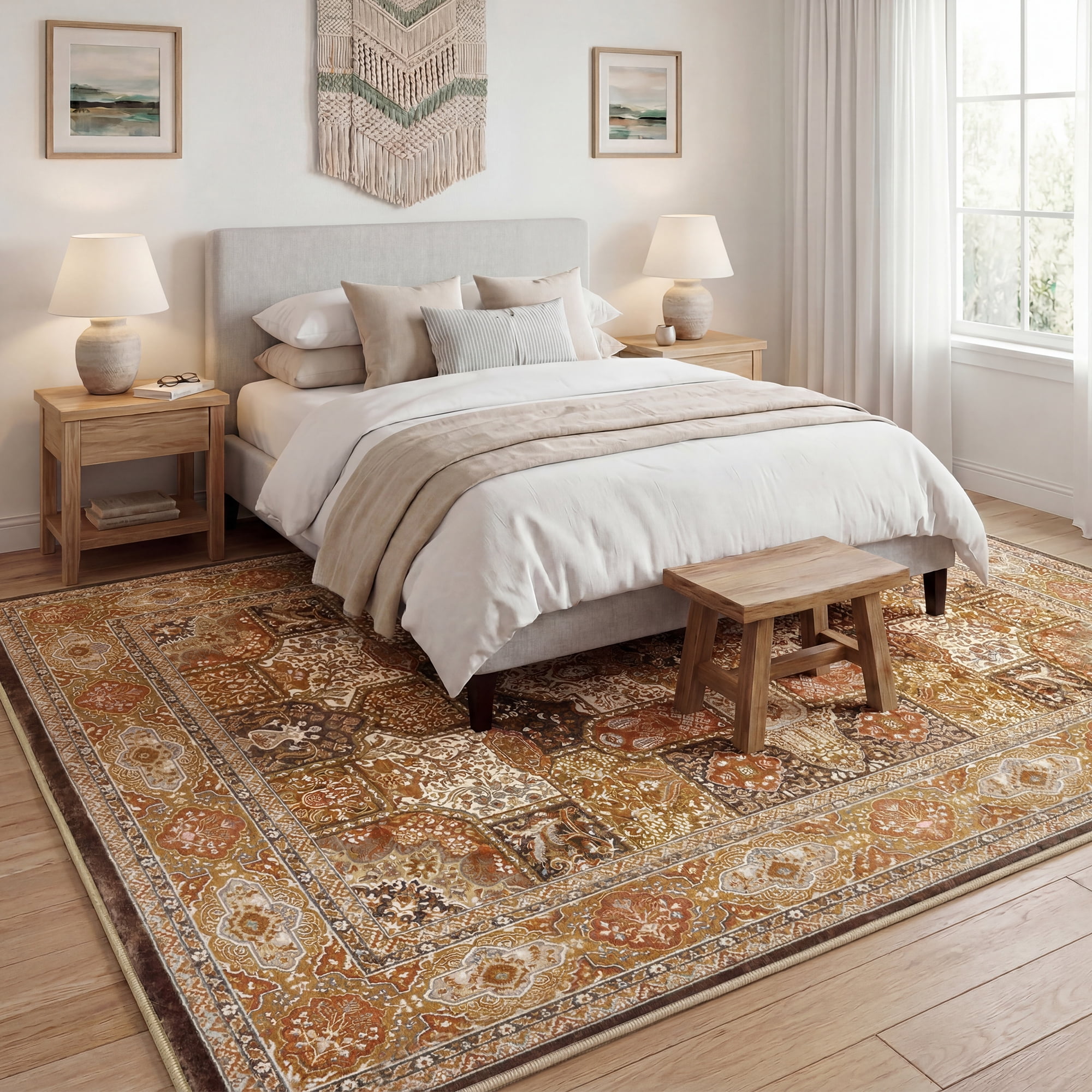 Lalado 8ft x 10ft Area Rugs for Living Room Washable Rugs Boho Floral Carpet Soft Low Pile Non-Slip Rug for Bedroom Dining Room Indoor Vintage Home Decor, Brown