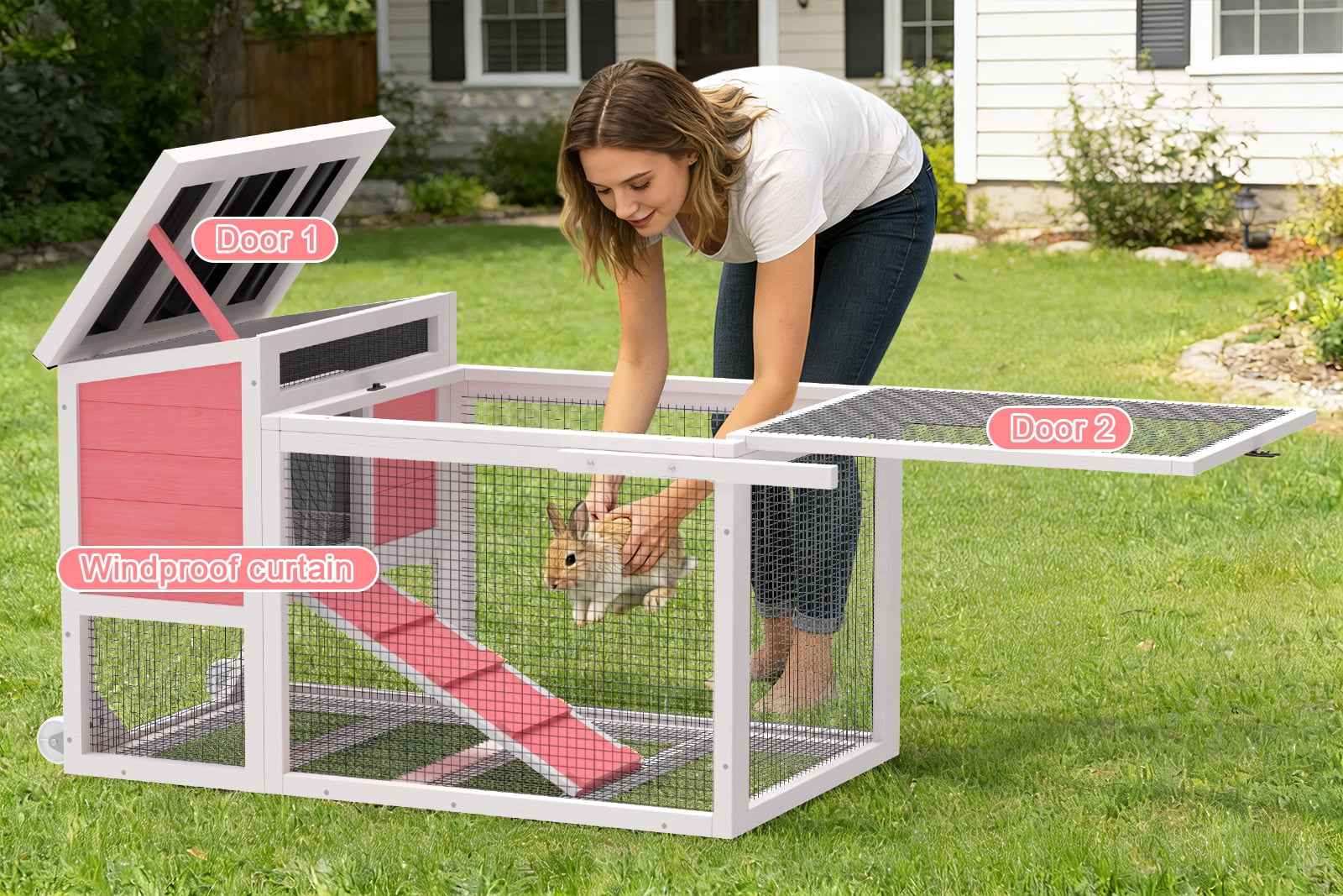 TIMHAKA 2-Story Rabbit Hutch, Wooden Bunny Cage w/ Chew-Proof Ramp & Wheels & Pull-Out Tray for Rabbits & Small Animals, White & Pink