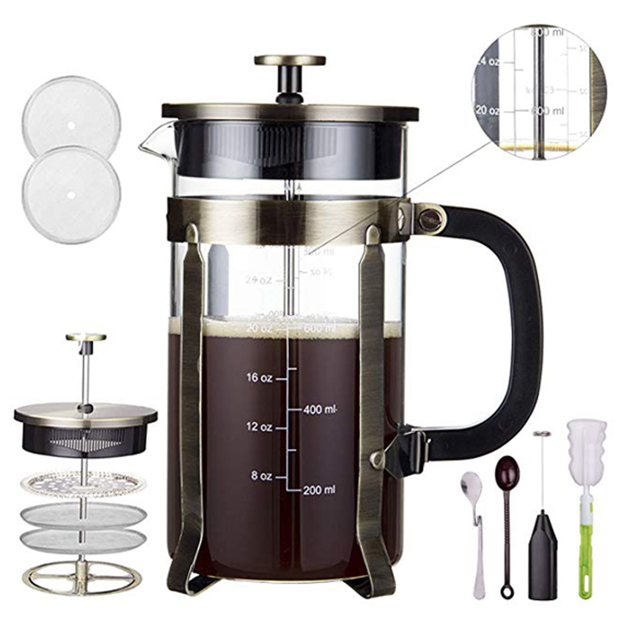 CrossCreek French Press Coffee Maker, 304 Stainless Steel Coffee Press 34oz (4 Cups) Tea Maker with 60g Coffee Canister, Double Wall French Presses