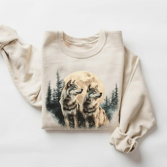 Vintage Wolves Howling Moon Sweatshirt, 90s Forest Crewneck Tshirt All Size S-5XL