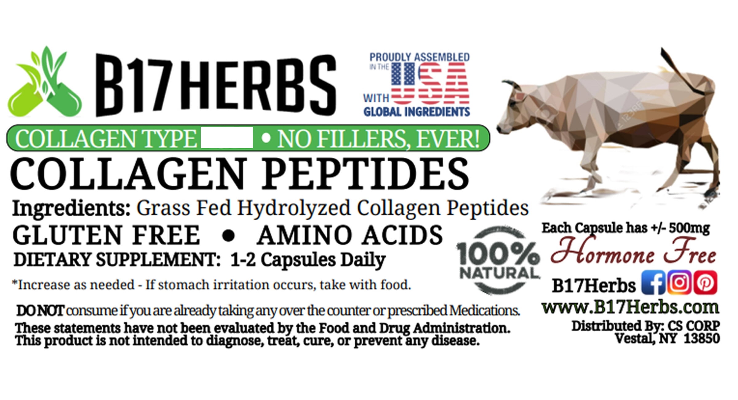 Collagen Peptide Capsules - Type I & III, Grass Fed - Gluten-Free, 100 Veggie Caps., 500mg