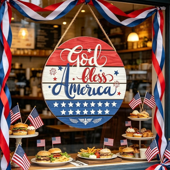 4th of July Farmhouse Welcome Sign,Round God Bless America Wooden Hanging Ornament,Patriotic Red White & Blue for Front Door,Wall,Home Decor,11.8"
