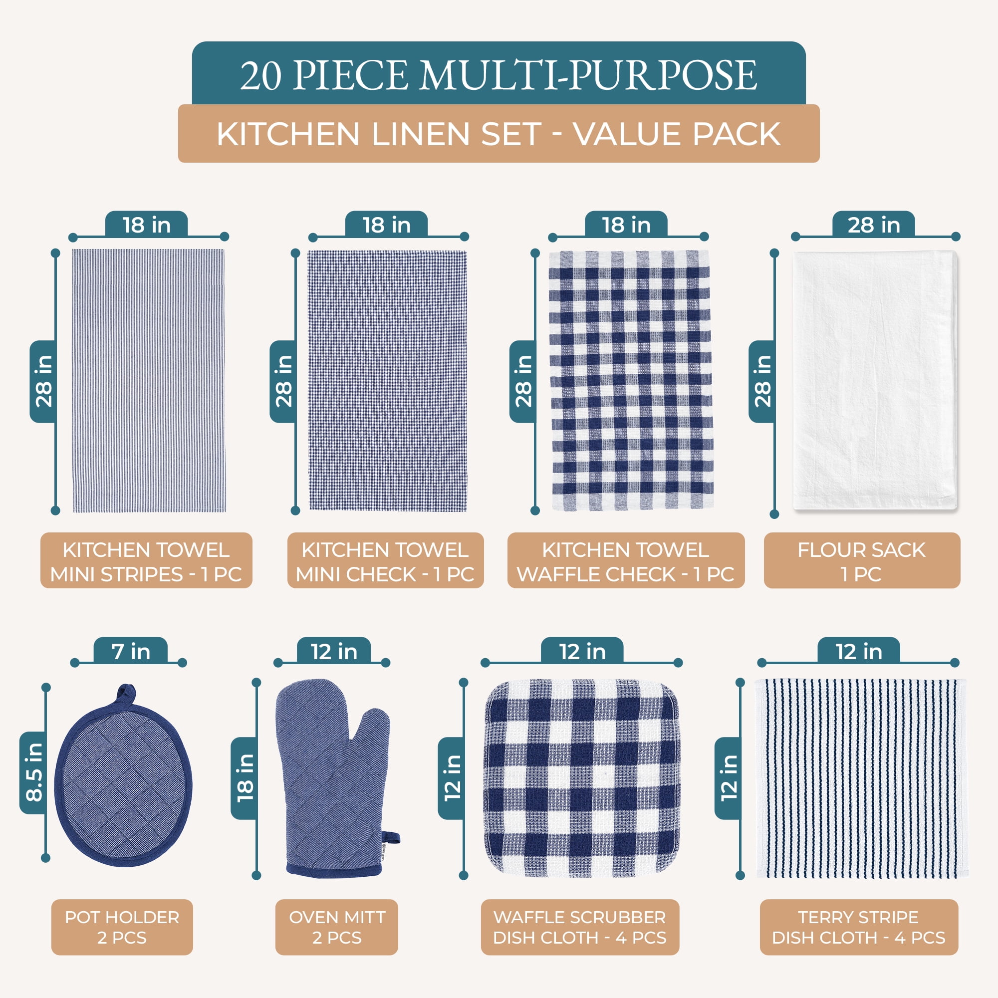 20 Piece Kitchen Towels and Dishcloths Sets - Cotton Dish Towels, Heat Resistant Kitchen Mittens & Pot Holder Set, Apron for Women with Pocket, Absorbent Dish Towels for Kitchen Drying - Indigo