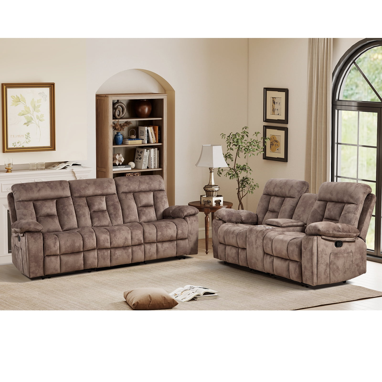 Bonzy Home 2-Piece Recliner Sofa Set — Reclining Loveseat & Extra-Wide 3-Seat Bonded Fabric Sofa, Camel