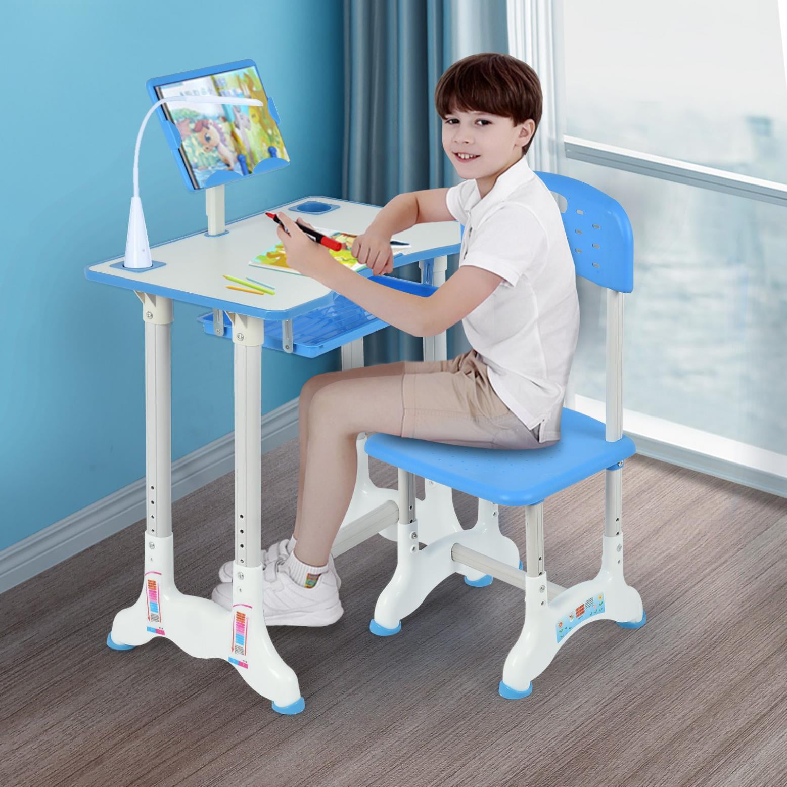 Height Adjustable Students Study Desk Chair LED Light Set Kids Home Study Table 
