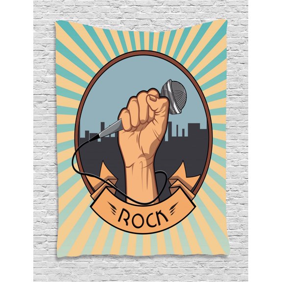 Classic Rock Tapestry, Rock Vocal Holding a Microphone in a Fist Image on Starburst Pattern Backdrop, Wall Hanging for Bedroom Living Room Dorm Decor, 40W X 60L Inches, Multicolor, by Ambesonne